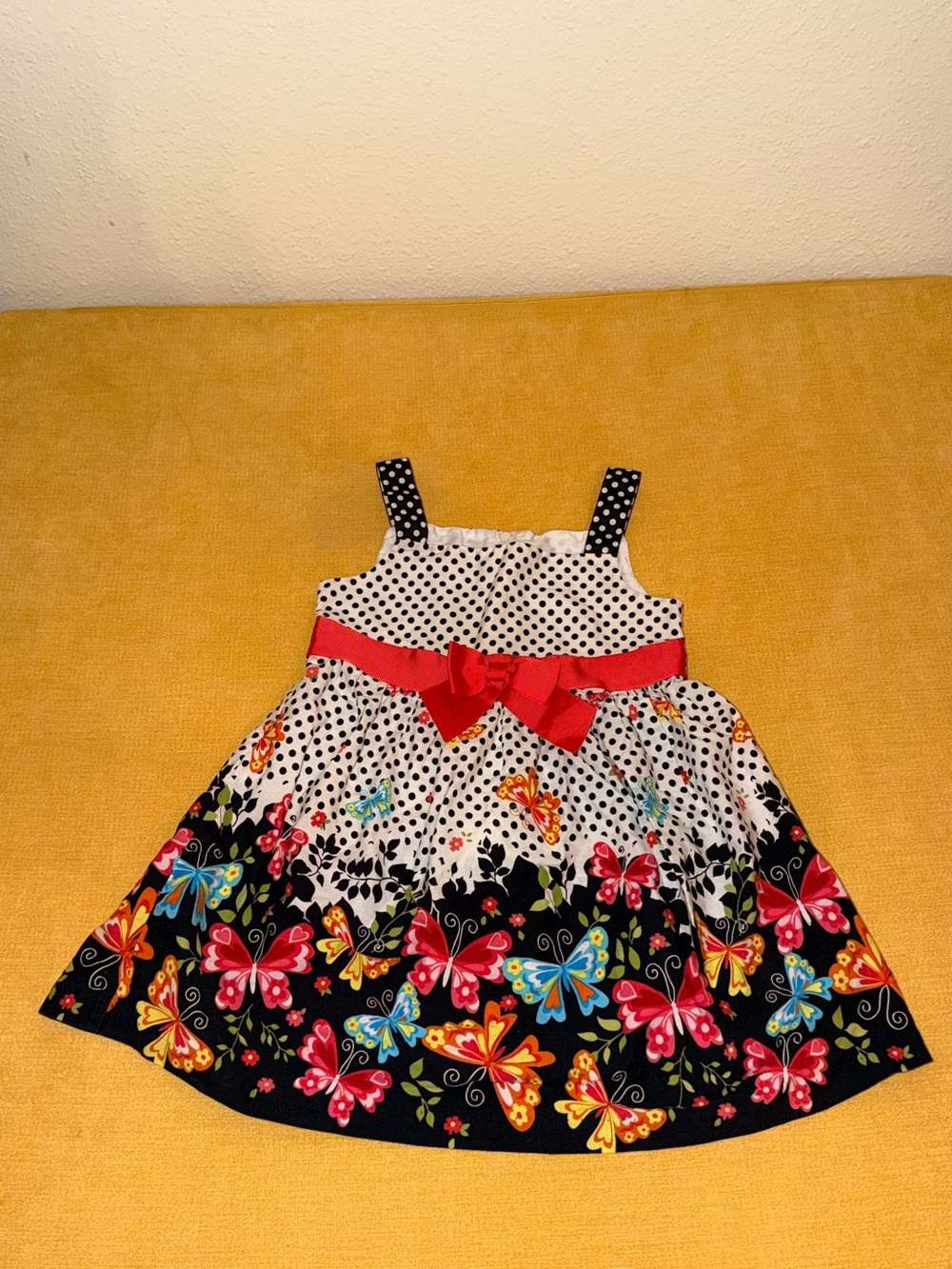Jessica Ann White Polka Dot Sundress with Red Bow and Multicolor Butterfly Print